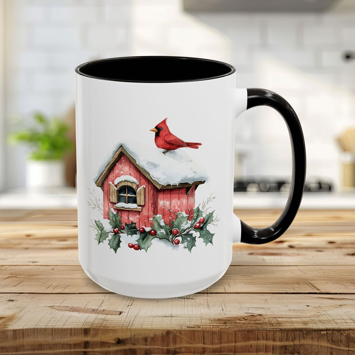 Snowy Christmas Cardinal Birdhouse Mug (11/15oz)