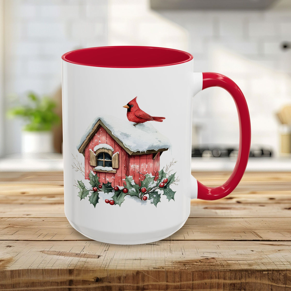 Snowy Christmas Cardinal Birdhouse Mug (11/15oz)