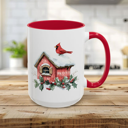 Snowy Christmas Cardinal Birdhouse Mug (11/15oz)