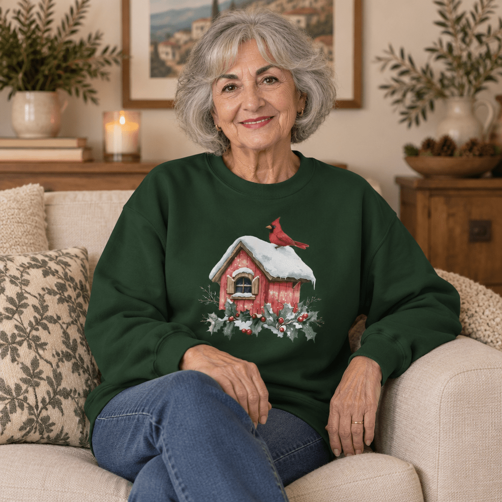 Snowy Christmas Cardinal Birdhouse Sweatshirt