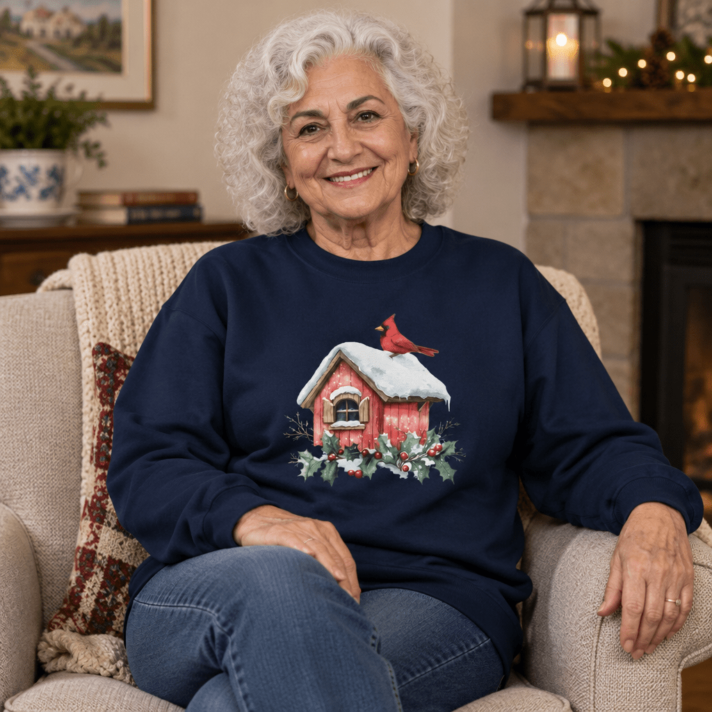 Snowy Christmas Cardinal Birdhouse Sweatshirt