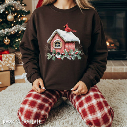 Snowy Christmas Cardinal Birdhouse Sweatshirt