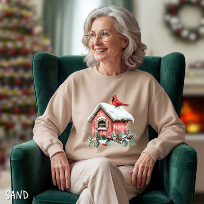 Snowy Christmas Cardinal Birdhouse Sweatshirt