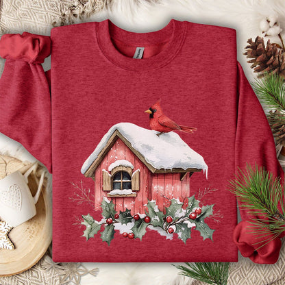 Snowy Christmas Cardinal Birdhouse Sweatshirt