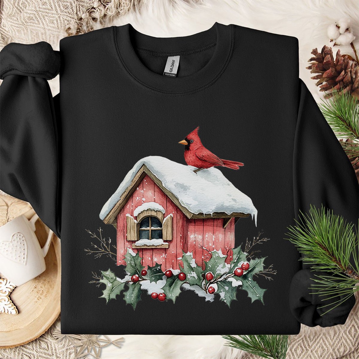 Snowy Christmas Cardinal Birdhouse Sweatshirt