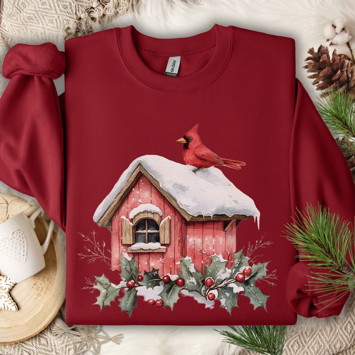 Snowy Christmas Cardinal Birdhouse Sweatshirt