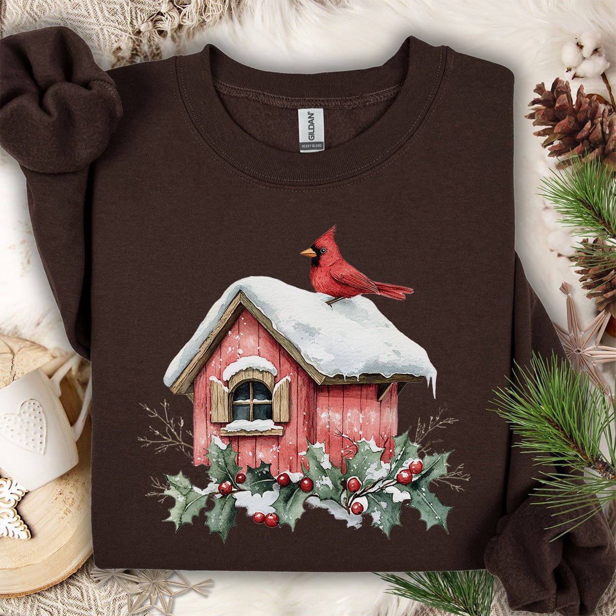 Snowy Christmas Cardinal Birdhouse Sweatshirt