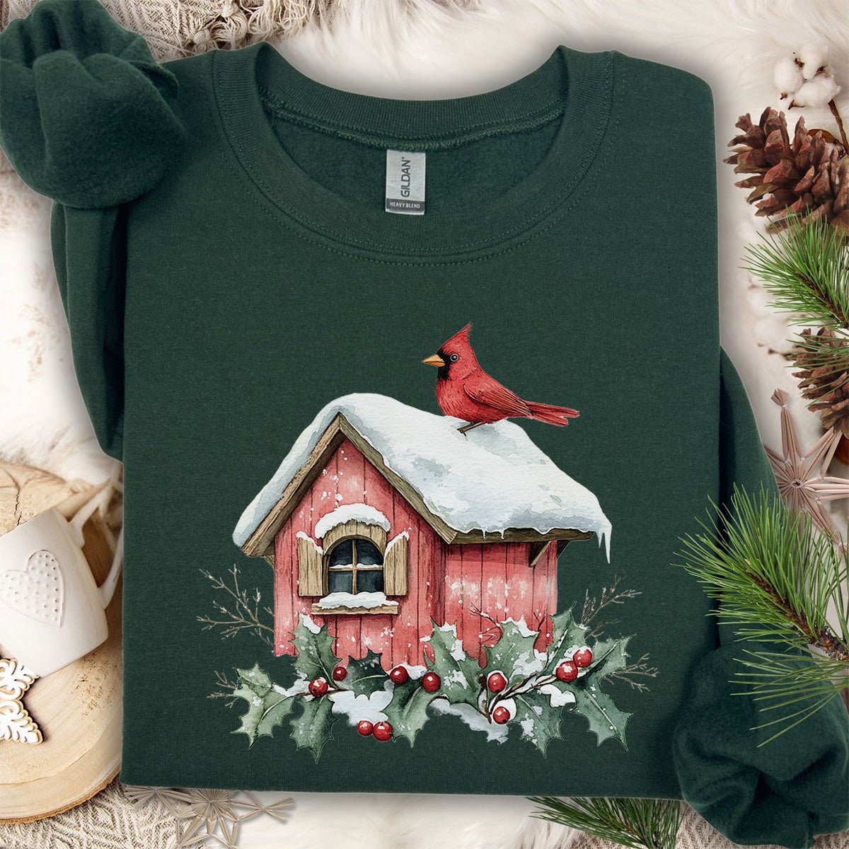 Snowy Christmas Cardinal Birdhouse Sweatshirt