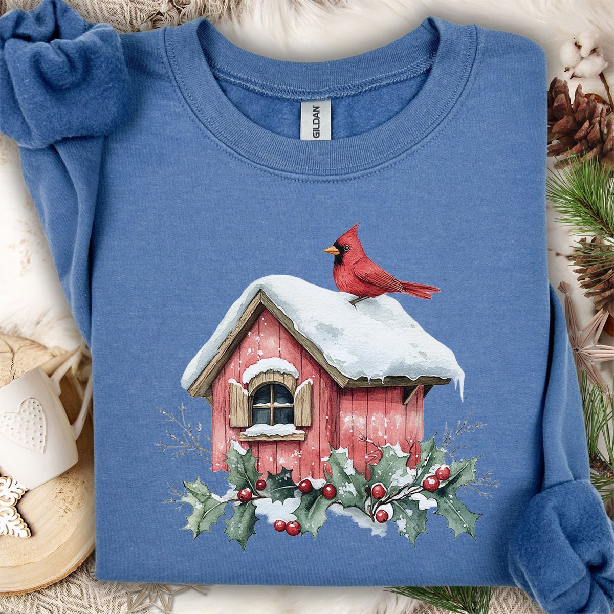 Snowy Christmas Cardinal Birdhouse Sweatshirt
