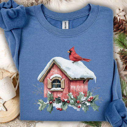 Snowy Christmas Cardinal Birdhouse Sweatshirt