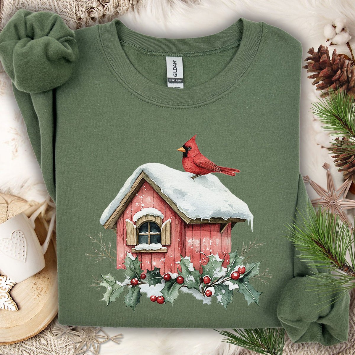 Snowy Christmas Cardinal Birdhouse Sweatshirt