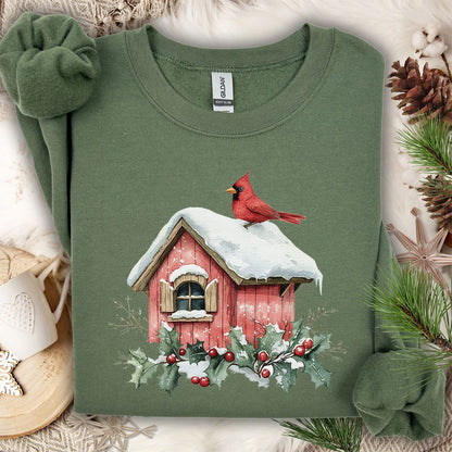 Snowy Christmas Cardinal Birdhouse Sweatshirt