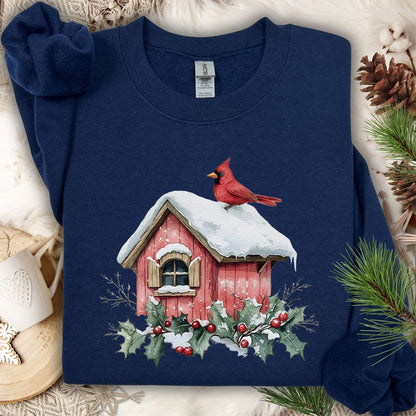 Snowy Christmas Cardinal Birdhouse Sweatshirt