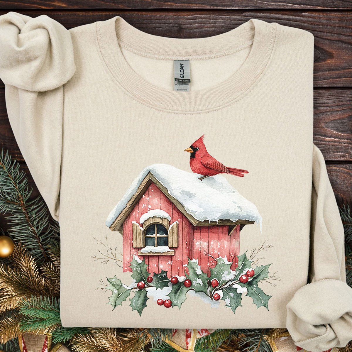 Snowy Christmas Cardinal Birdhouse Sweatshirt