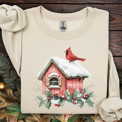 Snowy Christmas Cardinal Birdhouse Sweatshirt