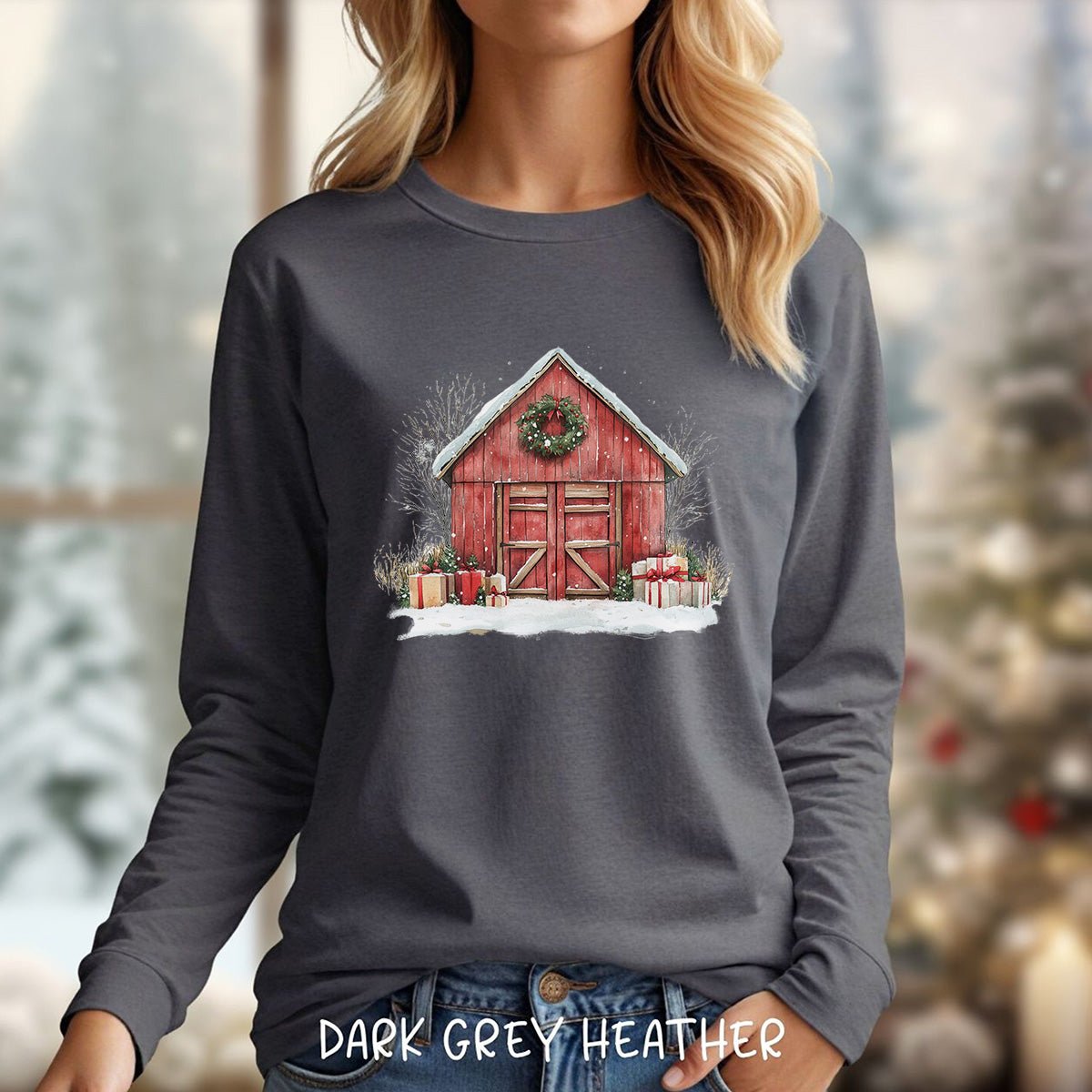 Snowy Christmas Red Barn with Gifts Long Sleeve Tee