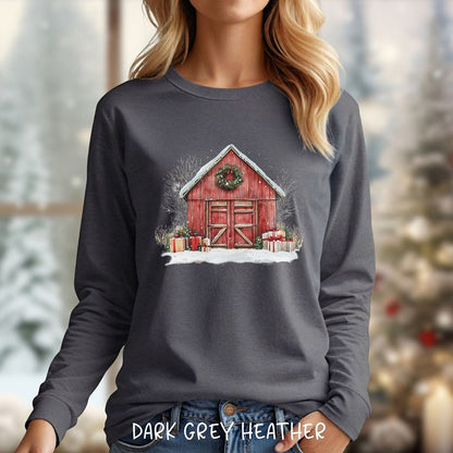 Snowy Christmas Red Barn with Gifts Long Sleeve Tee