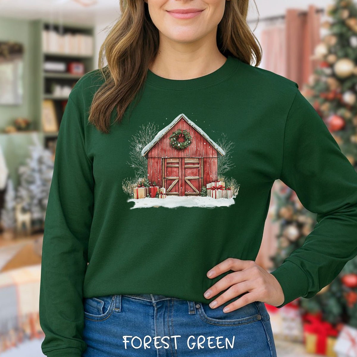 Snowy Christmas Red Barn with Gifts Long Sleeve Tee
