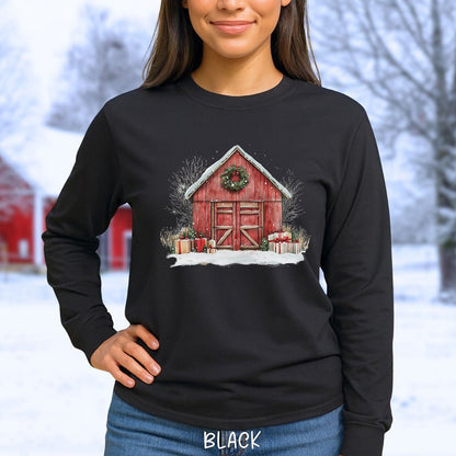 Snowy Christmas Red Barn with Gifts Long Sleeve Tee