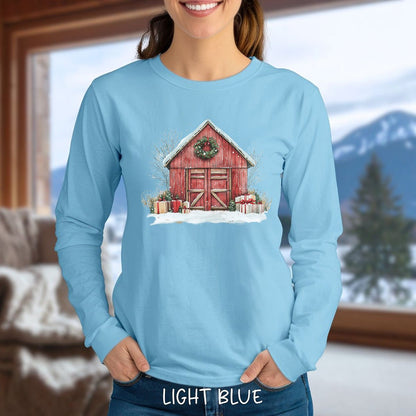 Snowy Christmas Red Barn with Gifts Long Sleeve Tee