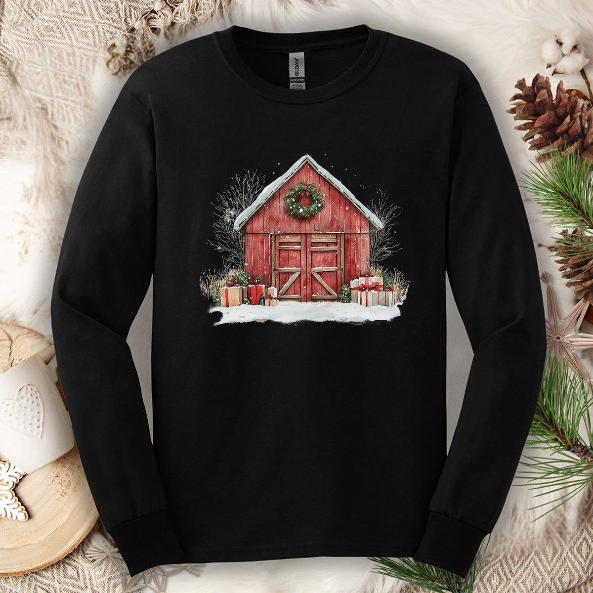 Snowy Christmas Red Barn with Gifts Long Sleeve Tee