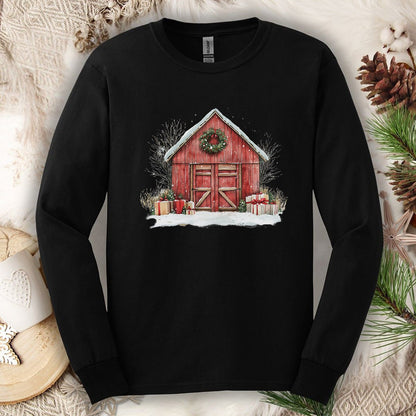 Snowy Christmas Red Barn with Gifts Long Sleeve Tee
