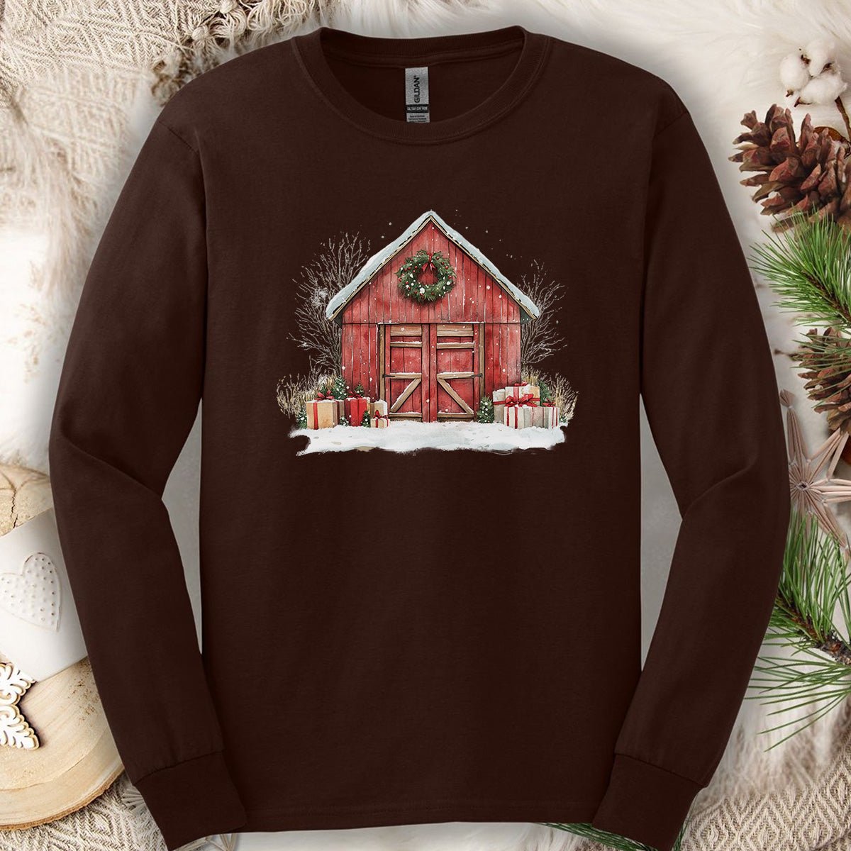 Snowy Christmas Red Barn with Gifts Long Sleeve Tee