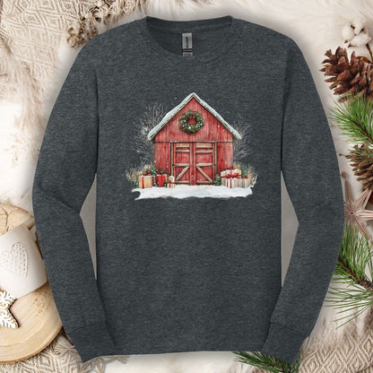 Snowy Christmas Red Barn with Gifts Long Sleeve Tee