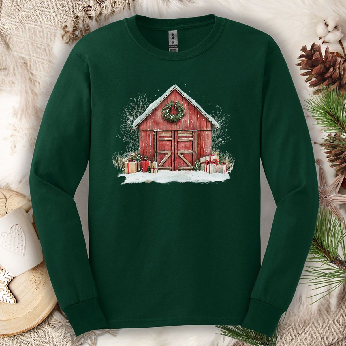 Snowy Christmas Red Barn with Gifts Long Sleeve Tee