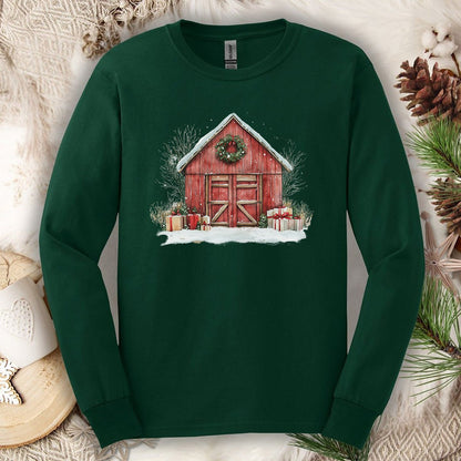 Snowy Christmas Red Barn with Gifts Long Sleeve Tee