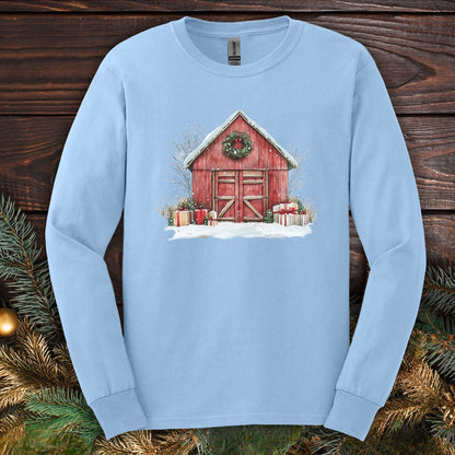 Snowy Christmas Red Barn with Gifts Long Sleeve Tee