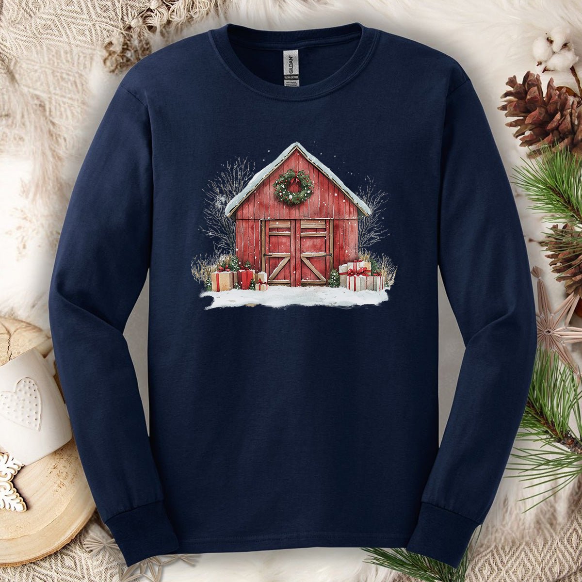 Snowy Christmas Red Barn with Gifts Long Sleeve Tee