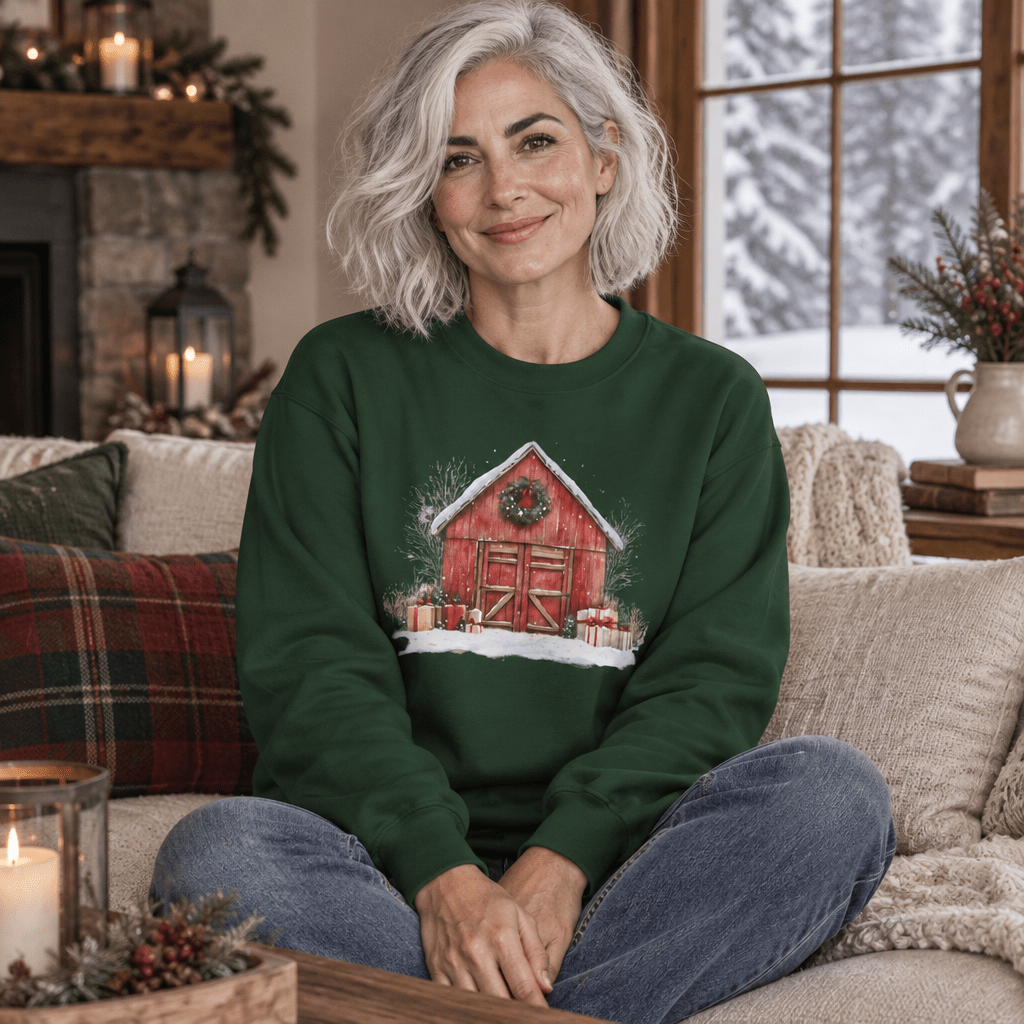 Snowy Christmas Red Barn with Gifts Sweatshirt