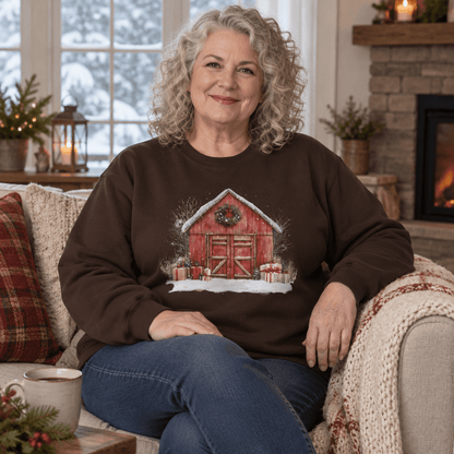 Snowy Christmas Red Barn with Gifts Sweatshirt