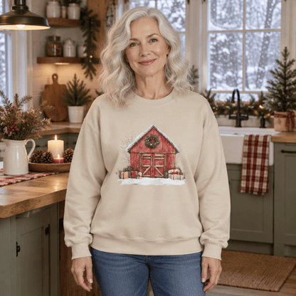 Snowy Christmas Red Barn with Gifts Sweatshirt