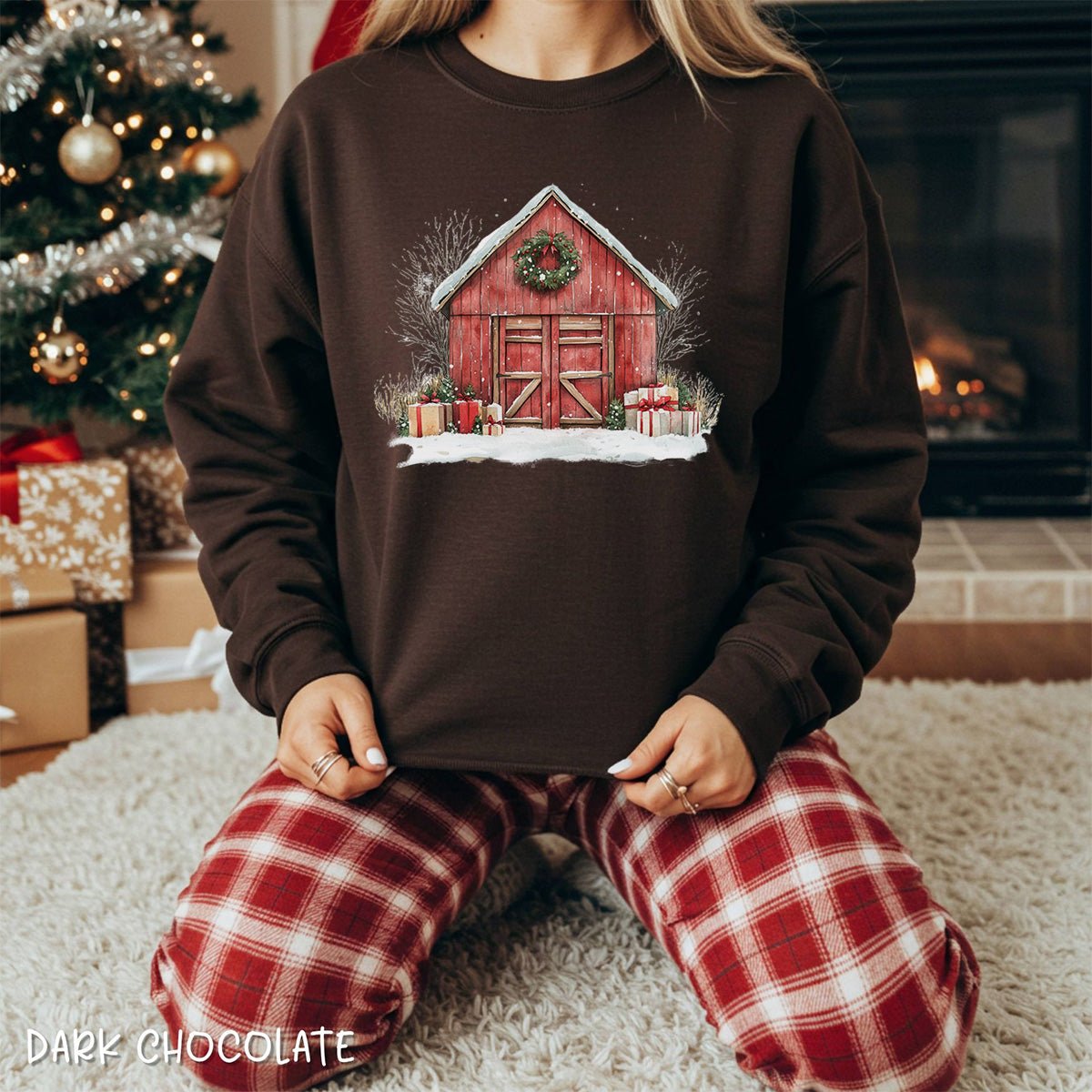 Snowy Christmas Red Barn with Gifts Sweatshirt