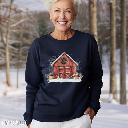 Snowy Christmas Red Barn with Gifts Sweatshirt