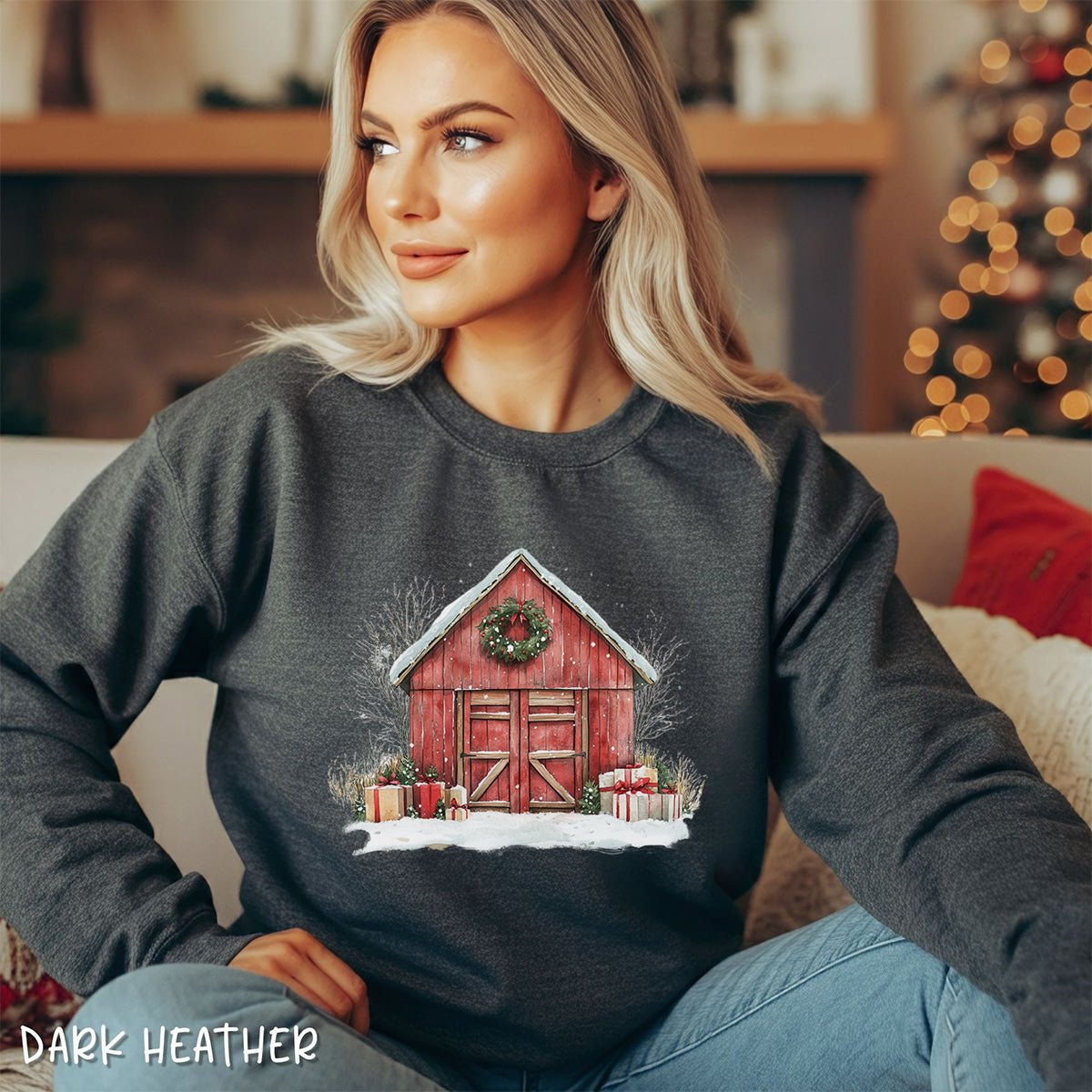 Snowy Christmas Red Barn with Gifts Sweatshirt