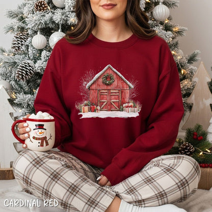 Snowy Christmas Red Barn with Gifts Sweatshirt