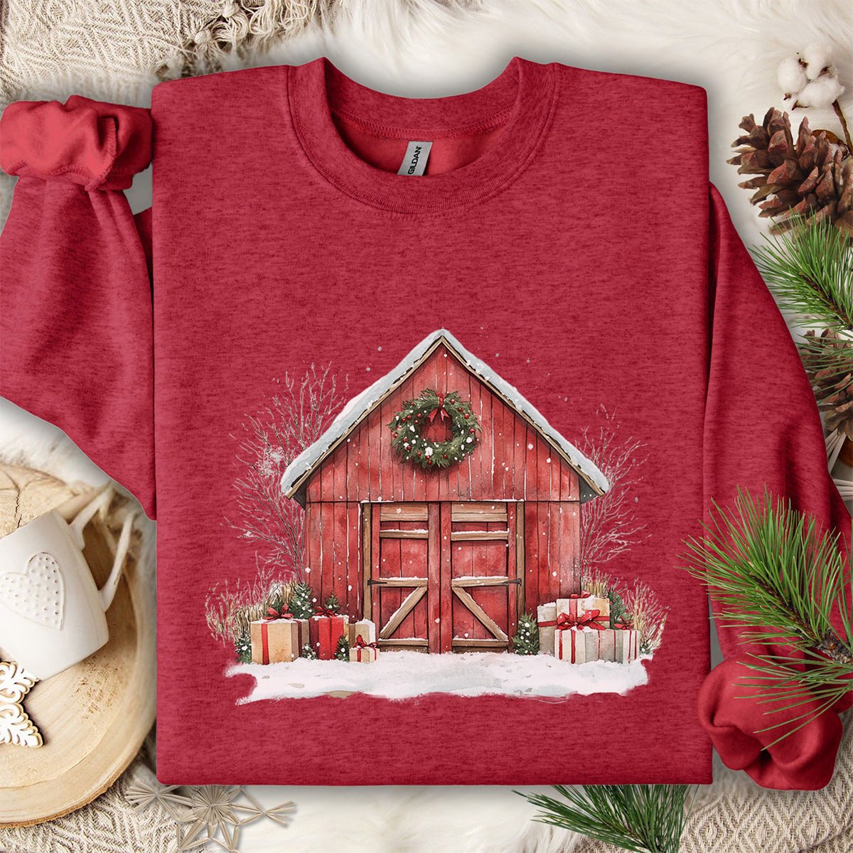 Snowy Christmas Red Barn with Gifts Sweatshirt