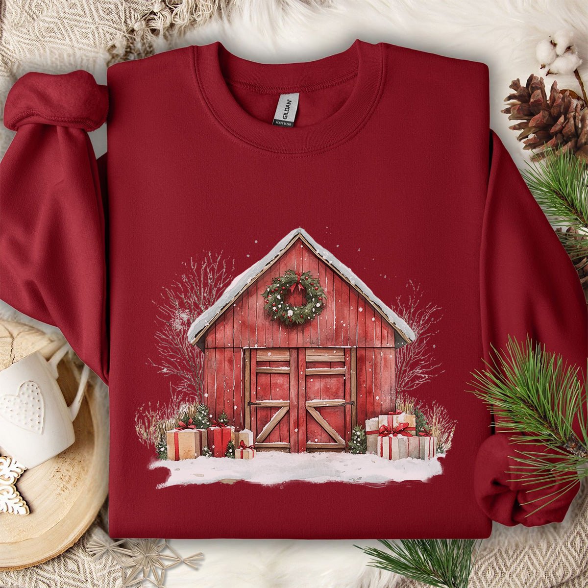 Snowy Christmas Red Barn with Gifts Sweatshirt