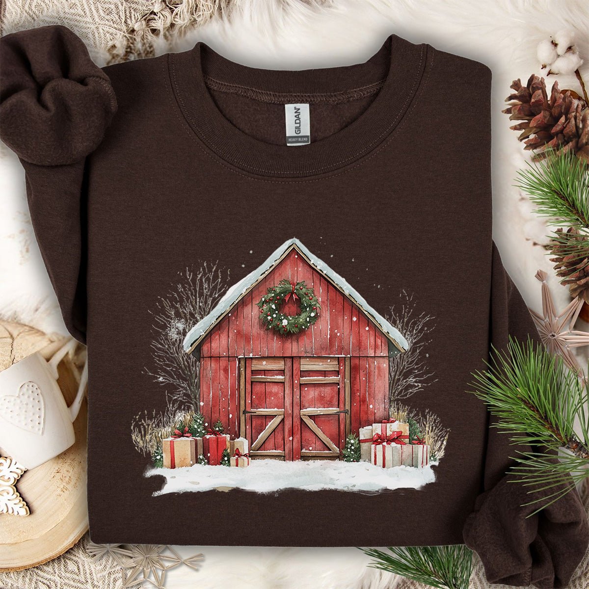 Snowy Christmas Red Barn with Gifts Sweatshirt