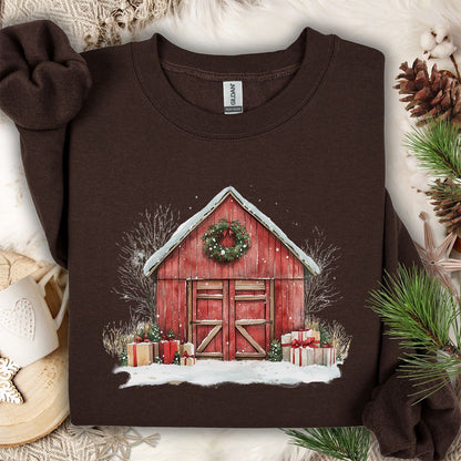 Snowy Christmas Red Barn with Gifts Sweatshirt