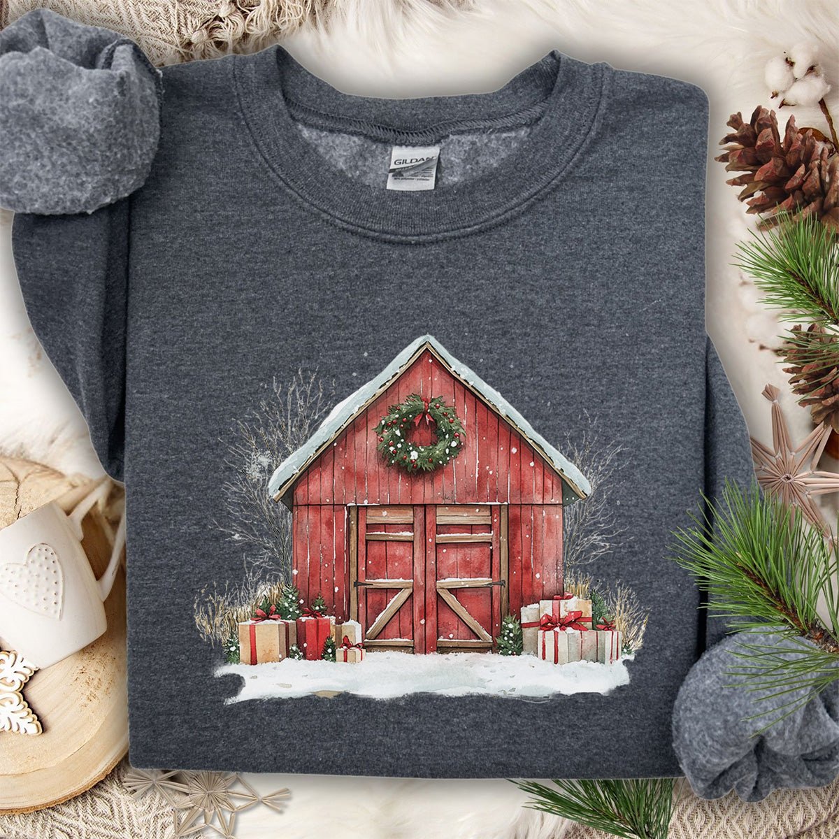 Snowy Christmas Red Barn with Gifts Sweatshirt