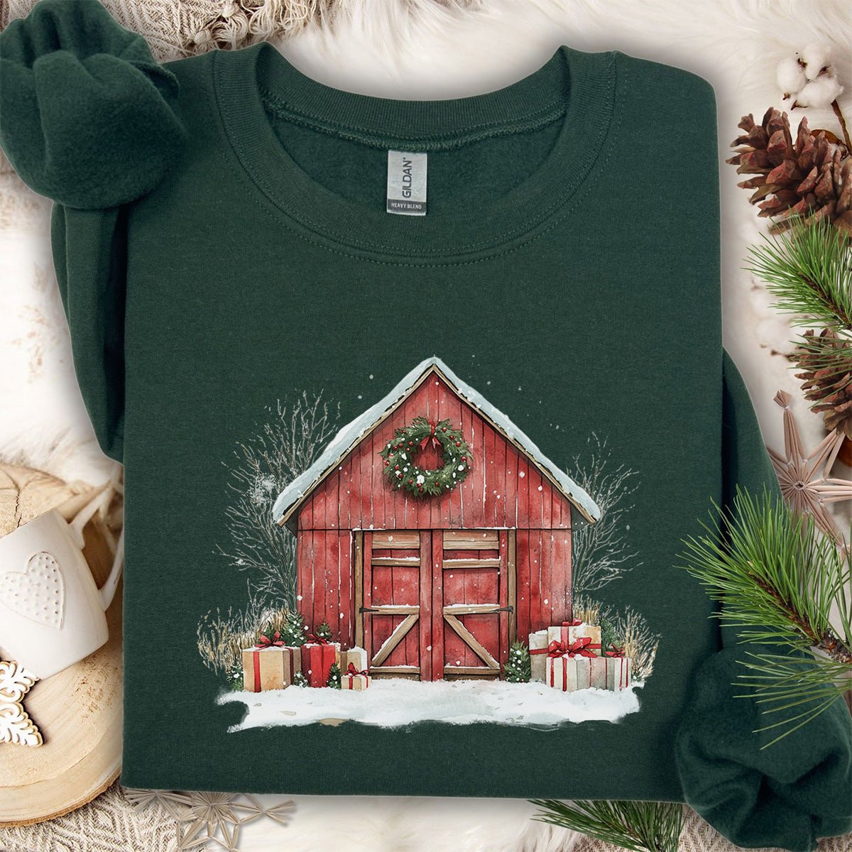 Snowy Christmas Red Barn with Gifts Sweatshirt