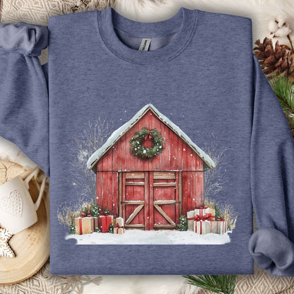 Snowy Christmas Red Barn with Gifts Sweatshirt