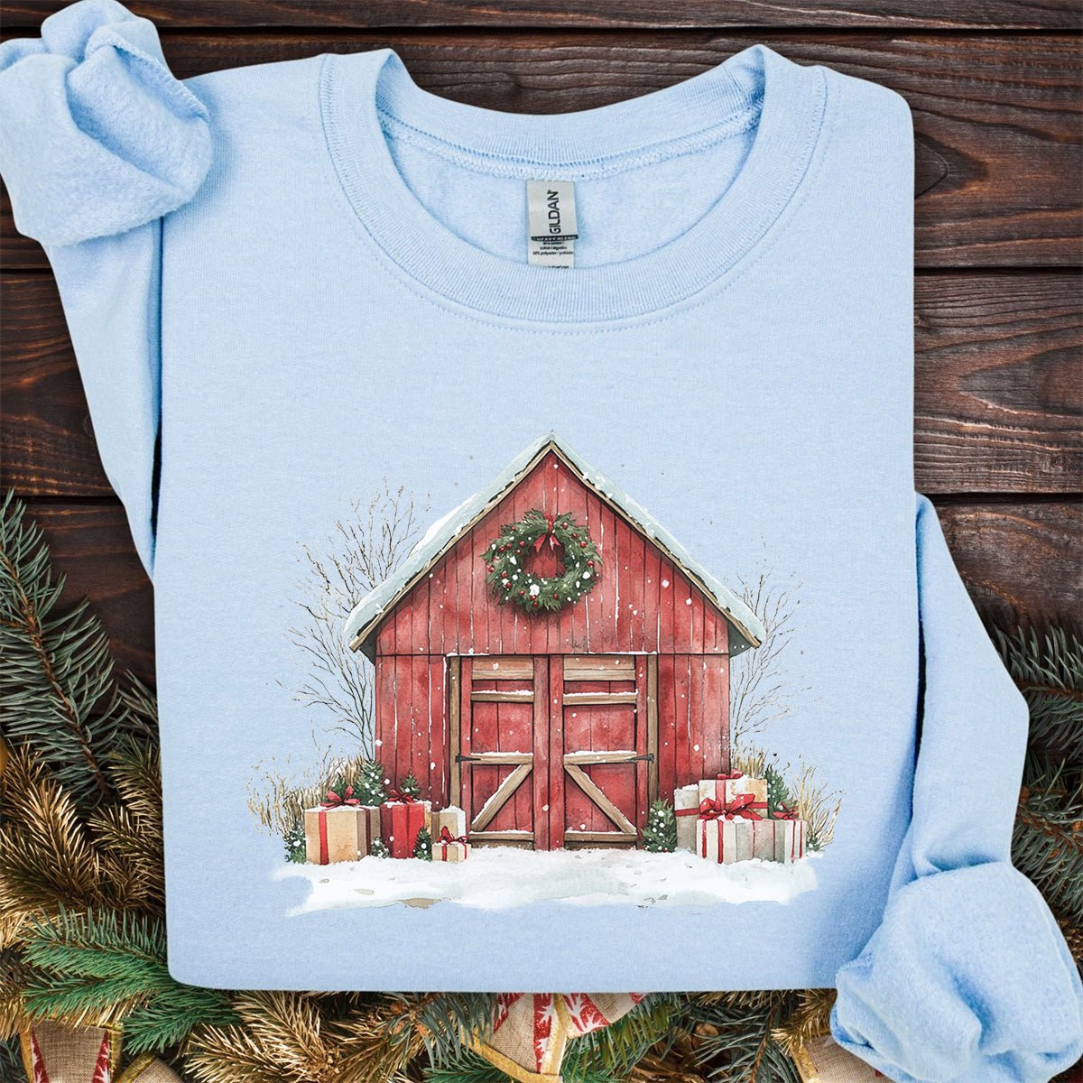Snowy Christmas Red Barn with Gifts Sweatshirt