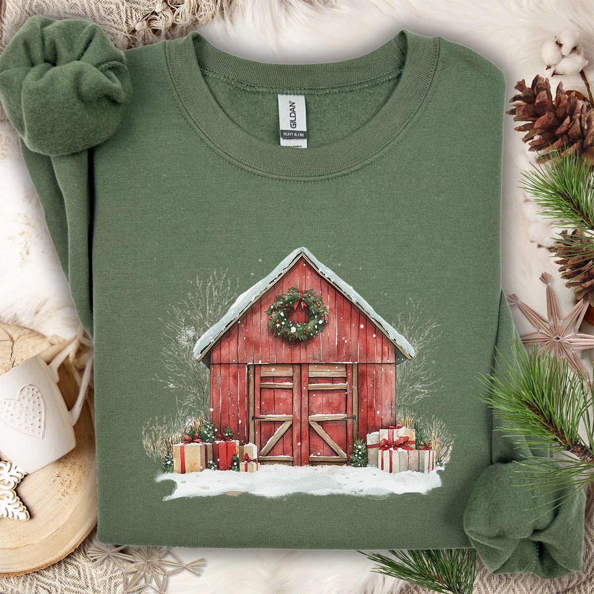 Snowy Christmas Red Barn with Gifts Sweatshirt