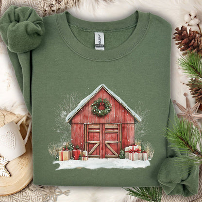 Snowy Christmas Red Barn with Gifts Sweatshirt