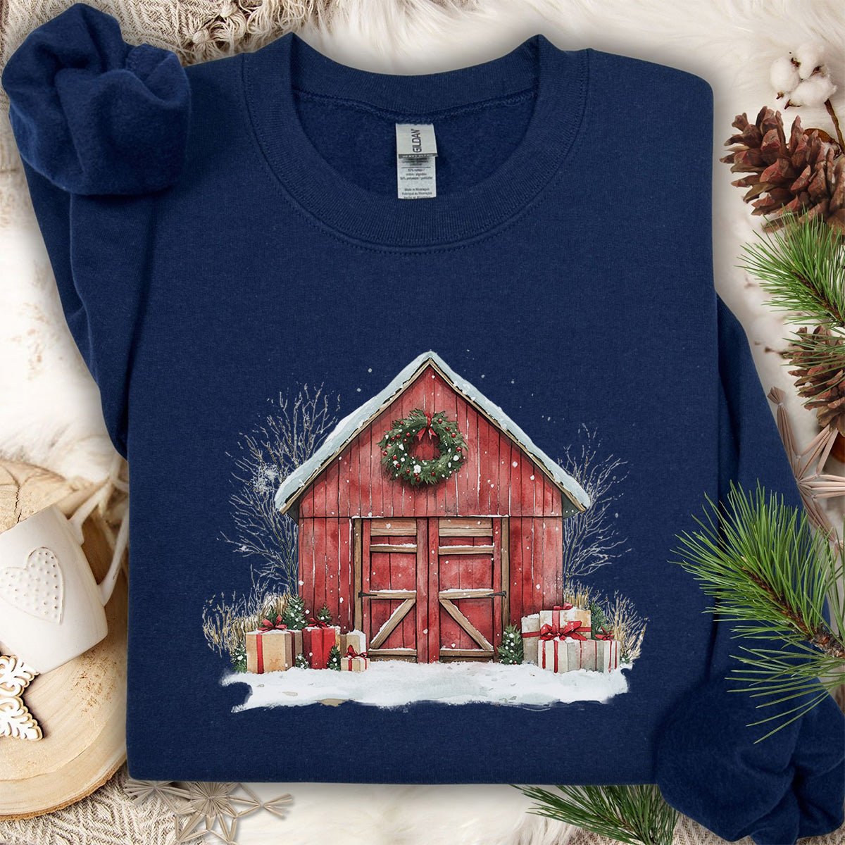 Snowy Christmas Red Barn with Gifts Sweatshirt